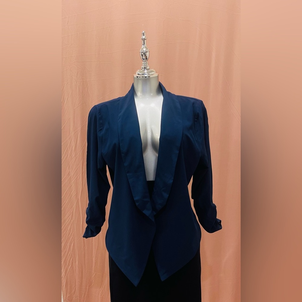 Tailored Navy Draped Open-Front Blazer Jacket